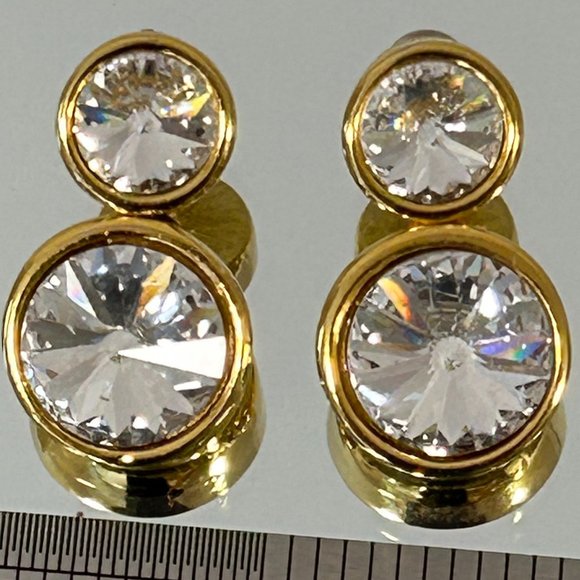 Unknown Jewelry - Estate Gold Pierced Designer Round Clear Crystal 1980s Earrings Pierced